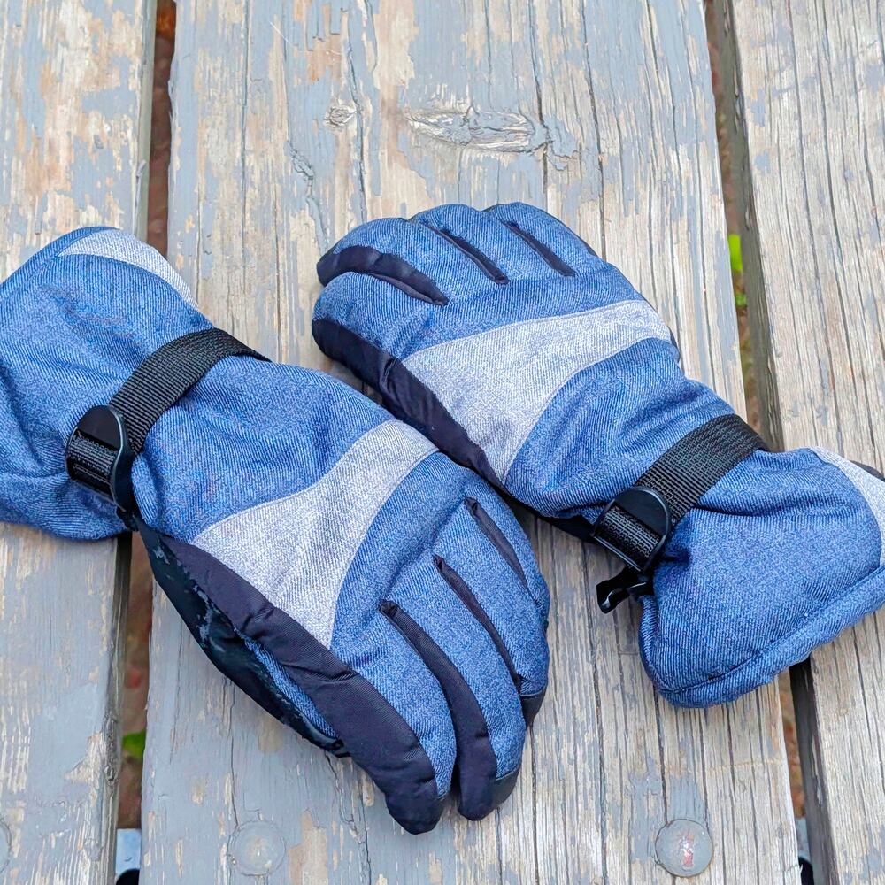 Mens Insulated Winter Ski Snowboard Gloves Blue Denim Look Adjustable Straps